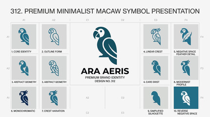 Macaw Logo Design Presentation: Premium Minimalist Bird Symbols & Brand Identity © kiarev