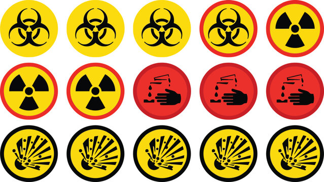 Set of round hazard warning signs including biohazard radioactive and explosion symbols