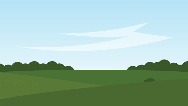 green field cartoon background. nature landscape scene with hill and blue sky