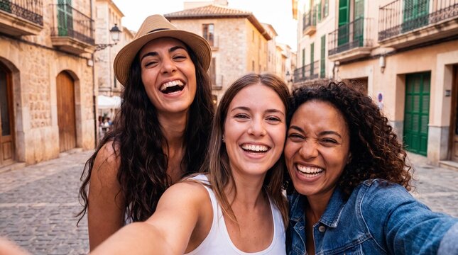 Three laughing friends taking selfie together on cobblestone European street