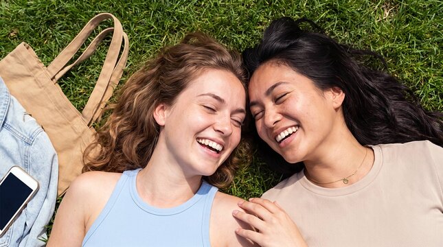 Two young women laughing together lying head to head on green grass