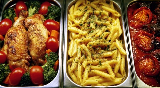 Overhead view of three stainless steel chafing dishes holding a chicken and vegetable meal, penne pasta with herbs, and meatballs in tomato sauce