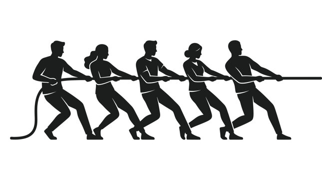 Teamwork represented by a group of diverse professionals pulling a rope together to symbolize collective effort and shared goals in a corporate environment.
