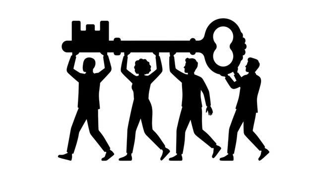 Team members work together in silhouette to lift a giant vintage key, representing collective effort and the unlocking of new business opportunities in a corporate environment.