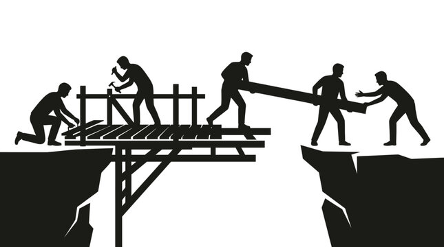 Construction workers collaborate to build a wooden bridge over a deep canyon, representing overcoming obstacles and creating pathways for progress.