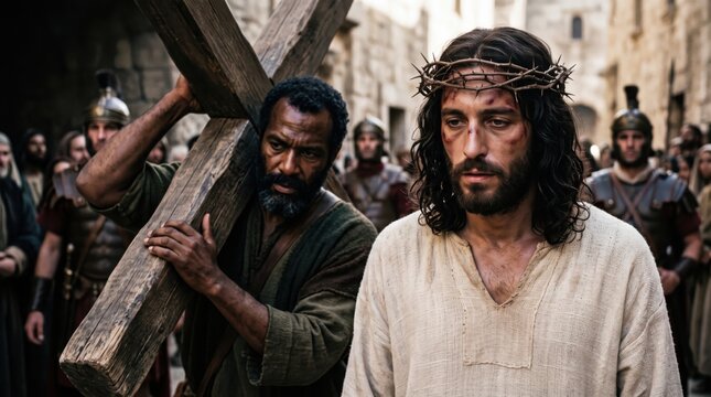 Jesus Christ wearing crown of thorn and Simon of Cyrene carrying wooden cross to Golgotha. Biblical scene of suffering and faith. Cinematic historical representation of crucifixion mystery.