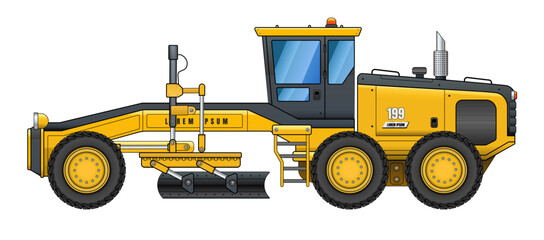 Obraz premium Motor grader side view vector illustration featuring a heavy construction vehicle with clean vector shapes, bold strokes, smooth gradients, and linear shading isolated on transparent background