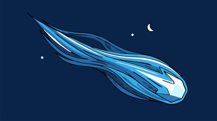 Stylized Comet with Long Flowing Tail in Dark Blue Space, Cartoon Vector Illustration of a Meteoroid with Stars and Crescent Moon © Zanu