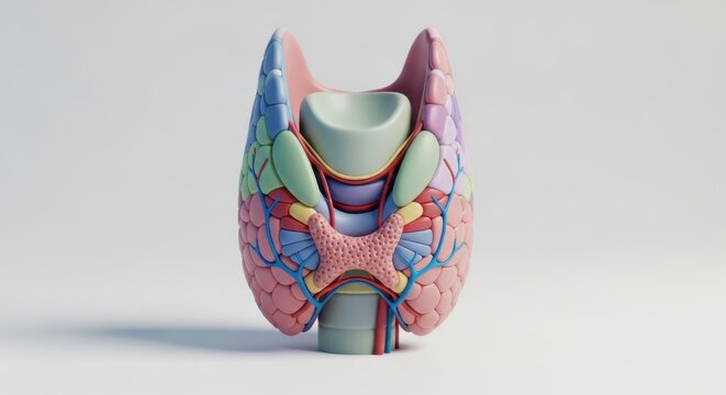 Anatomical Rendering of the Human Thyroid Gland Displaying Intricate Vascular Networks and Lobular Structure Essential for Hormonal Regulation and Metabolism Studies.