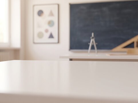 A blurred classroom scene with a white desk in the foreground and a chalkboard with drafting tools in the background.