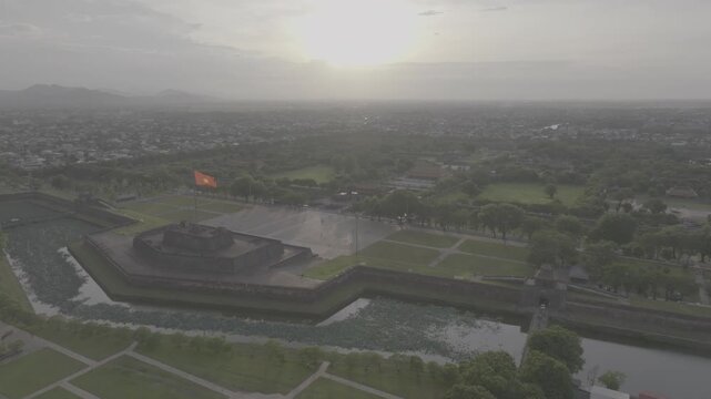 Aerial drone view of Hue Imperial Citadel featuring Ngo Mon Gate, Thai Hoa Palace and Kien Trung Palace, showcasing Vietnam's UNESCO royal heritage, ancient architecture and cultural landmark.