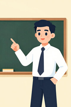 Engaging Teacher Demonstrating Concepts with Enthusiasm While Pointing at Blackboard in Bright Classroom, Fostering Curiosity and Learning