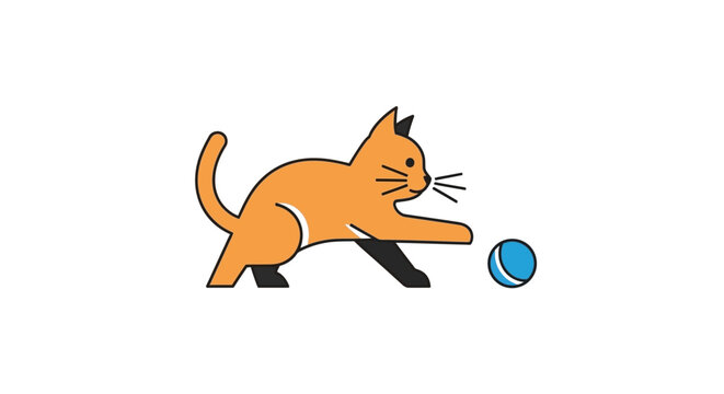 Minimalist vector illustration of an orange cat playing with a blue ball