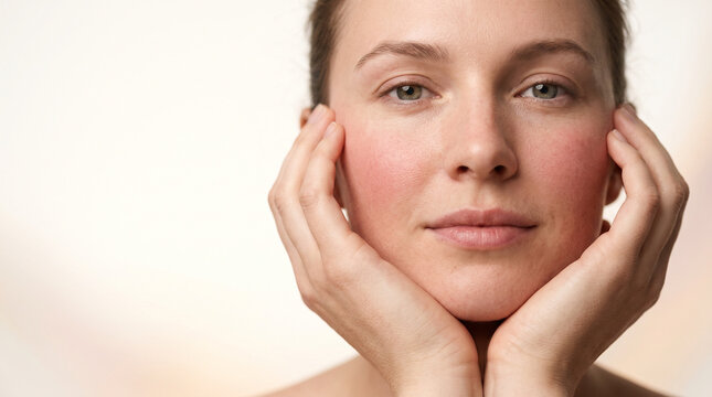 Caucasian woman with naturally flushed cheeks holding both hands softly beneath her face