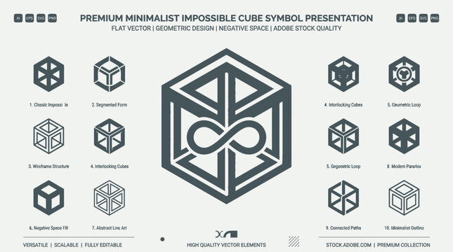Premium Minimalist Impossible Cube Symbol Presentation: Flat Vector Geometric Design