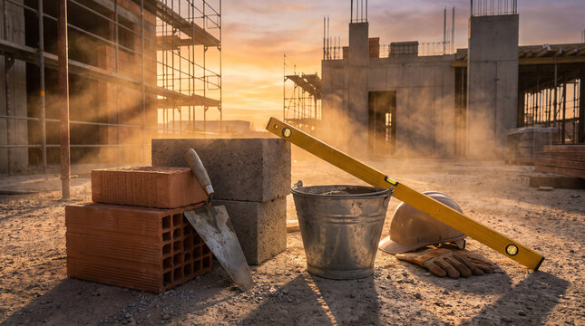 Construction site with concrete blocks, a trowel, a metal bucket, a spirit level, a hard hat, and gloves on the ground at sunset with scaffolding