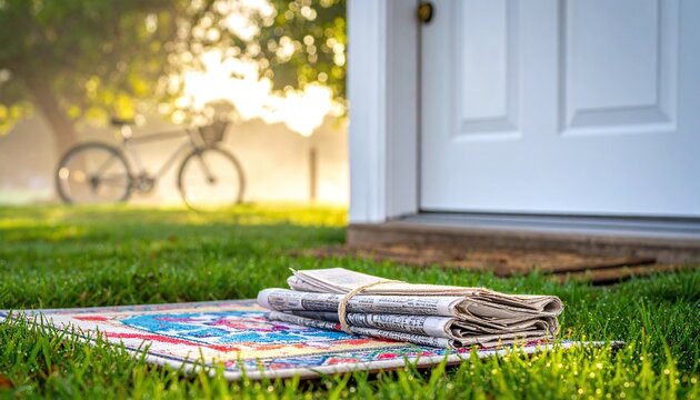 Delivered morning newspaper on a bright mat by a white house door. A bicycle stands in the warm, sunlit lawn background. This peaceful, nostalgic suburban scene features nobody.