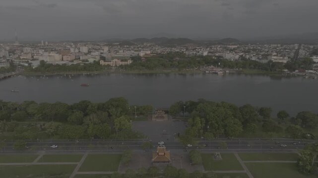 Aerial drone view of Hue Imperial Citadel featuring Ngo Mon Gate and Hue Flag Tower, showcasing Vietnam's UNESCO World Heritage site with majestic royal architecture and historic fortress.
