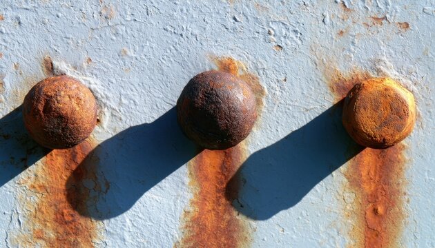 Three heavily rusted bolts with visible corrosion on a painted metal surface