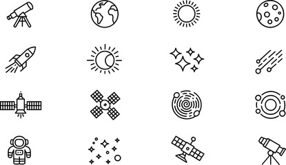 Space Exploration and Astronomy Line Icon Set with Telescope Rocket Satellite Astronaut Planet and Star Symbols for Science Designs © MstSabera