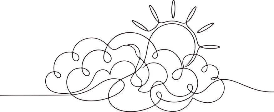 One line drawing of shining sun with clouds. Continuous line of simple weather composition. Sunny day concept. Modern minimalist style. single line art vector illustration.