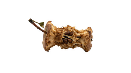 Fototapeta premium A single bitten apple core with seeds and a small stem isolated on a white background, representing food waste and healthy fruit snacking