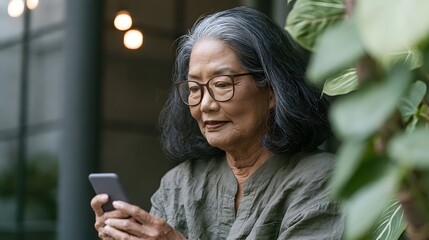 Fototapeta premium An older woman with glasses looks at her smartphone while seated near greenery indoors with soft lighting