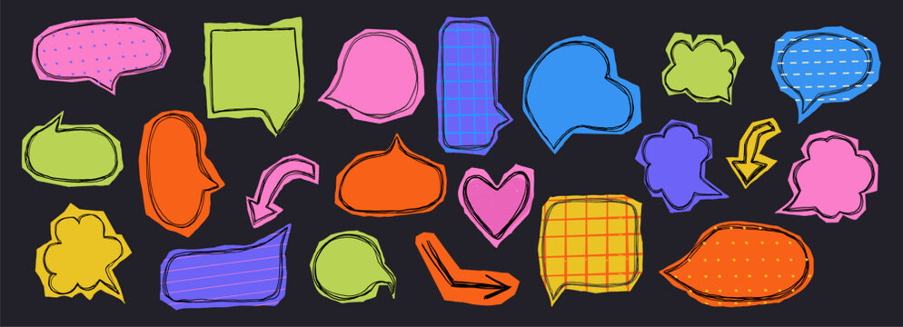 Paper cut out speech bubbles and stickers in Y2K retro style set. Stickers featuring speech bubbles, hearts, and retro elements. Scrapbook set collage pieces with torn edges.
