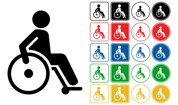 Wheelchair accessibility badge icon set in black, red, blue, green and yellow, rounded square and circle styles, outlined and filled, disability support symbol