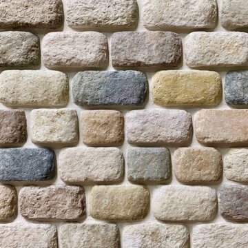 Textured stone wall with multicolored bricks in neutral earth tones