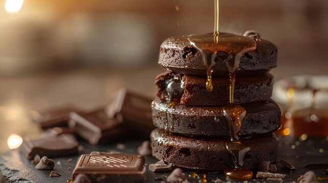 Stack of decadent chocolate brownies with pouring syrup and cocoa chunks on a dark rustic surface