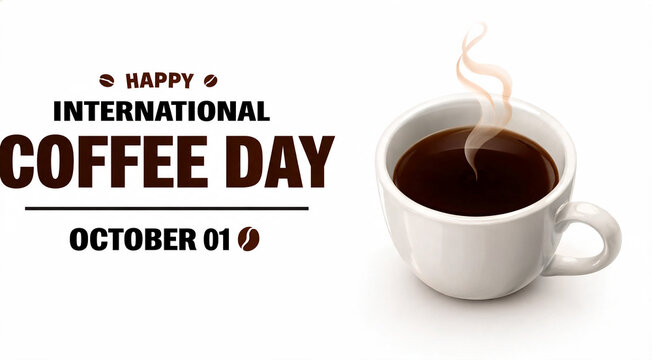 International Coffee Day October 01 Greeting with Steaming White Coffee Cup and Bold Typography on White Background