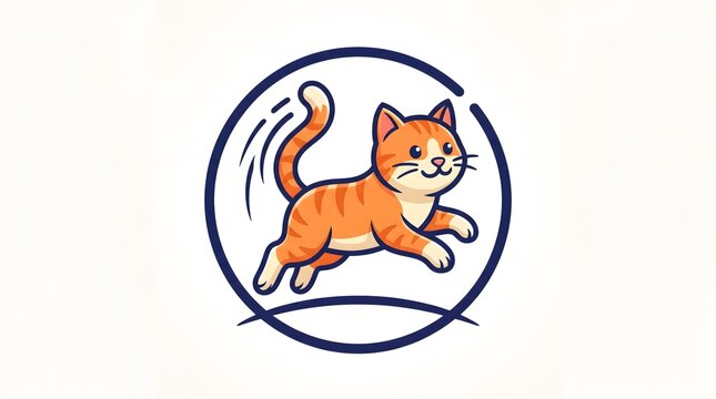A playful cartoon illustration of an orange tabby cat jumping or pouncing inside a circular frame