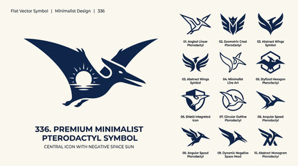 Minimalist Pterodactyl Symbol with Sun and Sea Icon Set © kiarev
