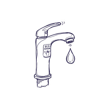 Smart water tap with eco sensor releasing a fresh water droplet vector hand drawn line art