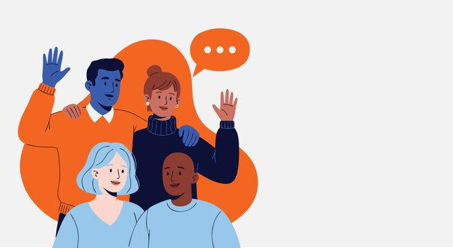 Vector illustration of a diverse group of happy friends waving hands, featuring a modern flat design on a clean light background.