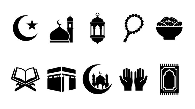 Black Islamic religious icons set on white background.