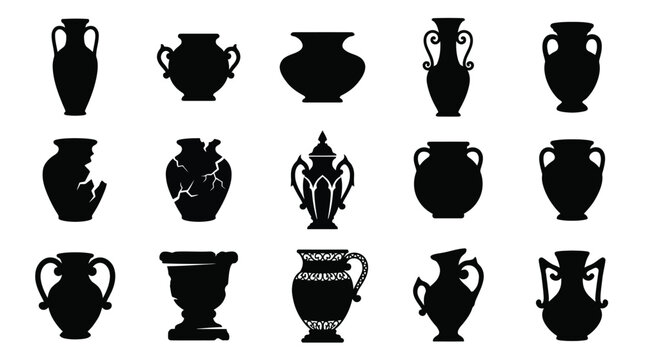 Set of black silhouettes of ancient greek vases, amphorae, and ceramic vessels