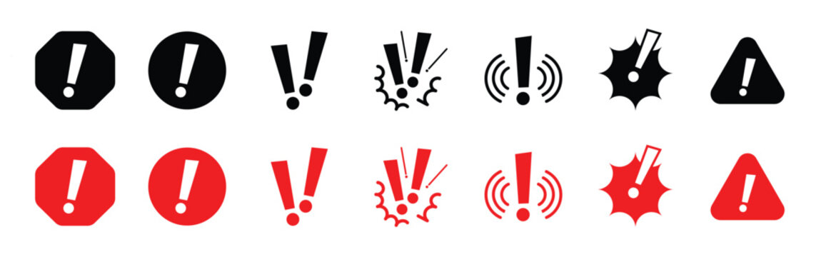 Set of danger and warning alert symbols in black and red ink with exclamation attention handdrawn emergency punctuation emphasis collection