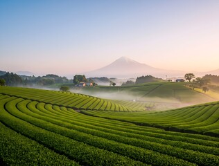 Obraz premium Breathtaking view of perfectly manicured green tea plantation rows curving across rolling hills in Shizuoka Japan, soft morning mist floating in valleys, Mount Fuji faintly visible in the distant haze
