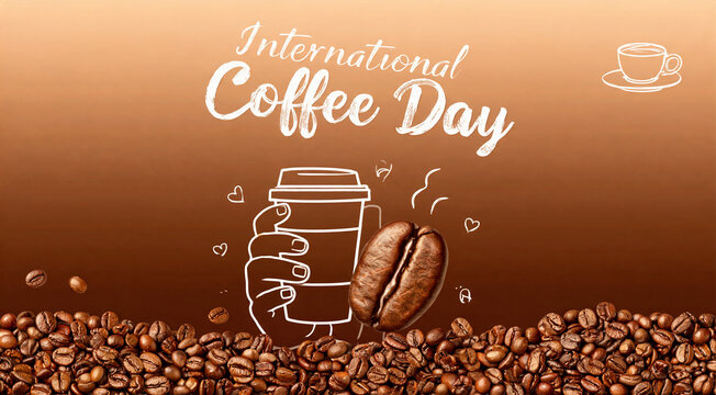 International Coffee Day Greeting Banner with Roasted Coffee Beans, Takeaway Coffee Cup Line Art and Modern Typography in 4K