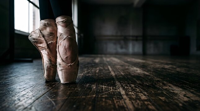 Close-up of ballerina feet in worn pointe shoes on a dark wooden studio floor