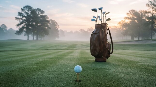 Golf clubs bag tee green on green grass with golf clubs in bag at sunrise  
