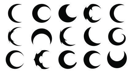 Set of crescent moon icons, different shapes of moon phases, black silhouettes © ZenVector