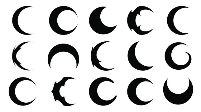 Set of crescent moon icons, different shapes of moon phases, black silhouettes