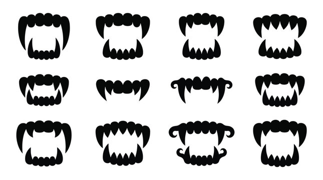 Set of monster teeth silhouettes, vampire fangs and predator jaws