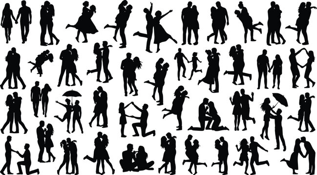 Black silhouettes of romantic couples embracing, kissing, and proposing vector collection isolated on white