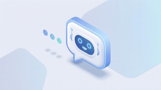 Blue isometric chatbot icon featuring a friendly robot face for AI-powered virtual assistant and customer support interface.