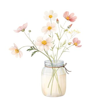 Detailed watercolor and pencil illustration of a cute glass jar with a twine bow filled with delicate white and pink cosmos flowers isolated on a white background.