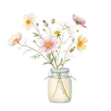 Detailed watercolor and pencil illustration of a cute glass jar with a wire bail filled with delicate white and pink cosmos flowers isolated on a white background.
